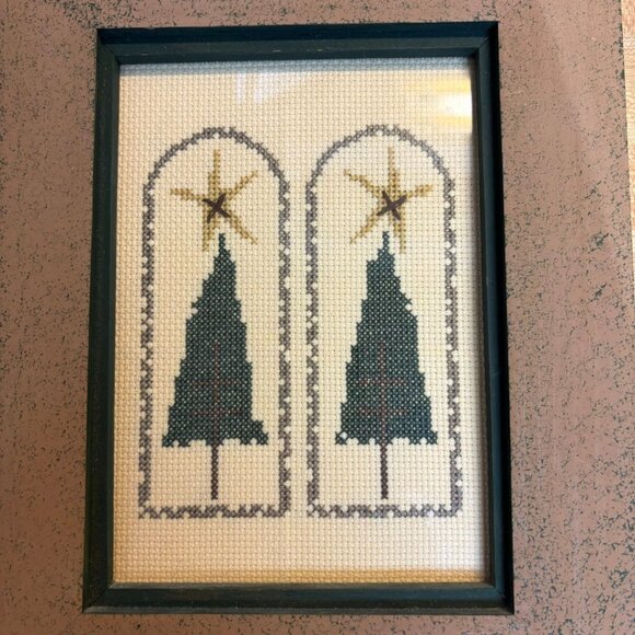 Framed Cross-Stitch Christmas Trees & Stars — Primitive Folk Style — 8″×10″  Pri - Picture 2 of 7